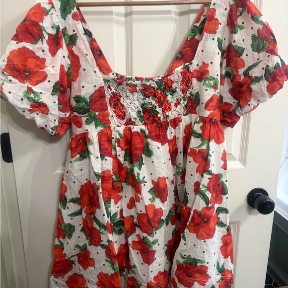 Great condition size M Maeve Red and White Floral Mini Dress. Babydoll. Smocked - Picture 6 of 16